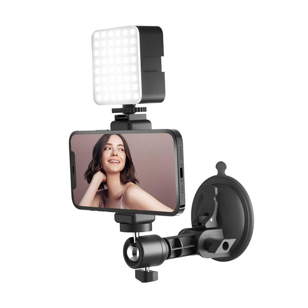 LenTok Suction Cup Mirror Phone Holder with Light, Travel Wall Phone Camera Mount for Makeup Content Creator Essentials, Mirror Tripod for Bathroom Kitchen Compatile with All Smooth Surface