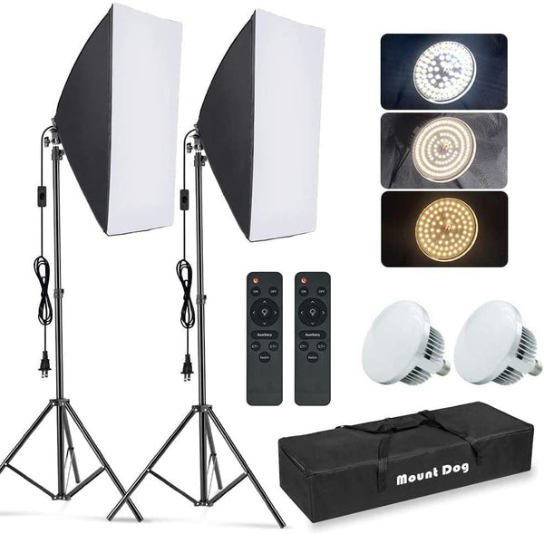 MOUNTDOG Softbox Lighting Kit, 2x19.7"x27.5" Photography Continuous Lighting System with 2pcs 85W 5700K E27 Socket LED Bulbs and Remote for Portrait Product Fashion Photography, Used