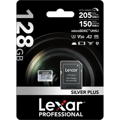 Lexar 128GB Professional SILVER PLUS UHS-I microSDXC Memory Card with SD Adapter - AVC photo video store