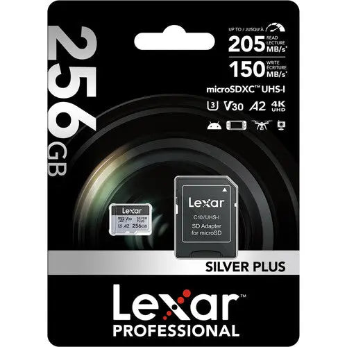 Lexar 256GB Professional SILVER PLUS UHS-I microSDXC Memory Card with SD Adapter - AVC photo video store