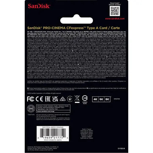 SanDisk SDCFEA-480G-GN4NN 480GB PRO-CINEMA CFexpress Type A Memory Card, 1800/1650 MB/s - AVC photo video store