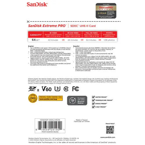 SanDisk SDSDXEP-064G-GN4IN 64GB Extreme PRO UHS-II SDXC Memory Card, V60, 280/100 MB/s - AVC photo video store