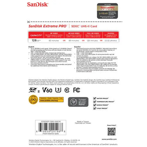 SanDisk SDSDXEP-128G-GN4IN 128GB Extreme PRO UHS-II SDXC Memory Card, V60, 280/100 MB/s - AVC photo video store