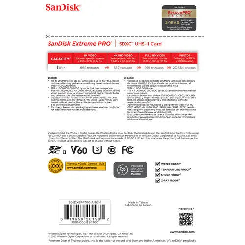 SanDisk SDSDXEP-1T00-GN4IN 1TB Extreme PRO UHS-II SDXC Memory Card, V60, 280/150 MB/s - AVC photo video store