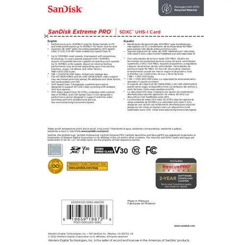 SanDisk SDSDXXD-128G-GN4IN 128GB Extreme PRO UHS-I SDXC Memory Card, V30, 200MB/s - AVC photo video store