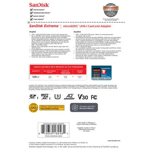 SanDisk SDSQXAA-128G-GN6MA 128GB Extreme UHS-I microSDXC Memory Card with SD Adapter - AVC photo video store