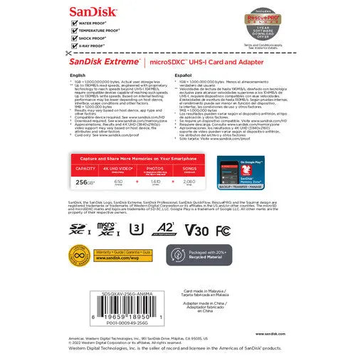 SanDisk SDSQXAV-256G-GN6MA 256GB Extreme UHS-I microSDXC Memory Card with SD Adapter - AVC photo video store