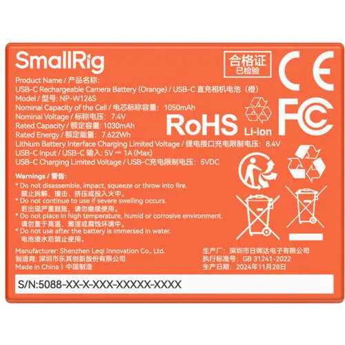 SmallRig NP-W126S USB-C Rechargeable Camera Battery (Orange) - AVC photo video store