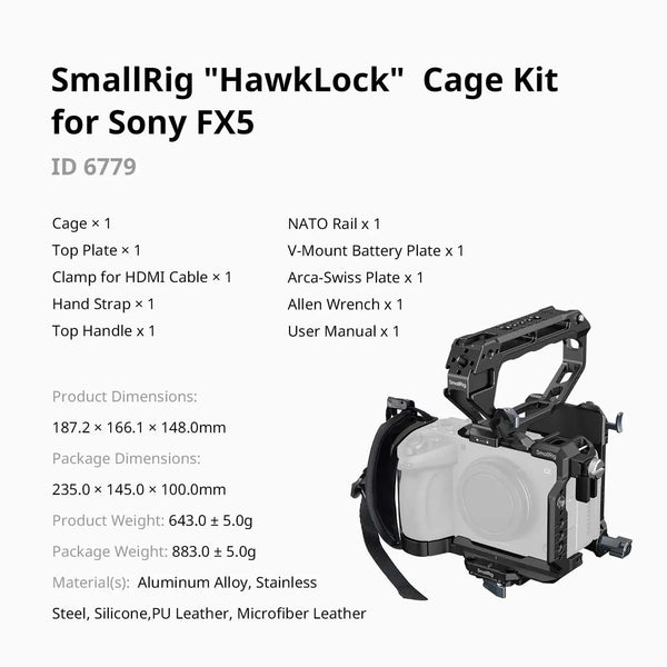 Smallrig 6779 HawkLock Handheld Cage Kit with V-Mount Plate for Sony FX5