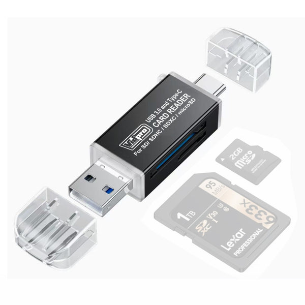 Leitor de cartão Vidpro CR-TC3 USB 3.0 com conectores tipo C e tipo A para cartões de memória SD e MicroSD