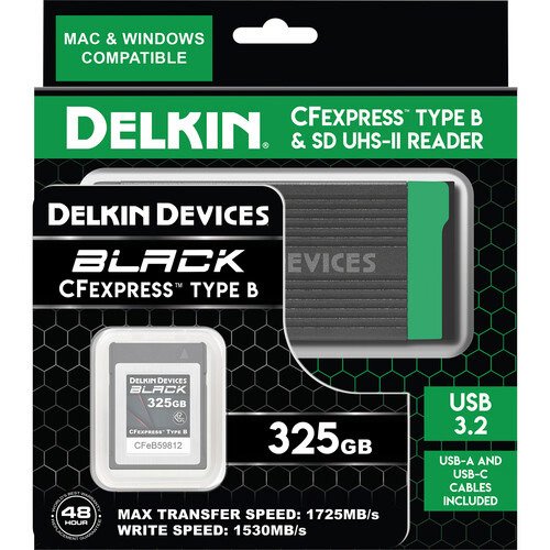 Delkin DCFXB325R56 325GB BLACK CFexpress Type B Memory Card with CFexpress Type B & UHS-II SD Memory Card Reader