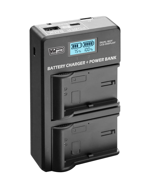 Vidpro VDL Dual-Bay LCD Display Charger + Power Bank F/7.2V & 7.4V Camera Batteries - AVC photo video store