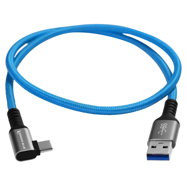 Cabo de dados e alimentação de alta velocidade Kondor Blue USB A para USB C em ângulo reto 3A 60W 5G (2 pés)