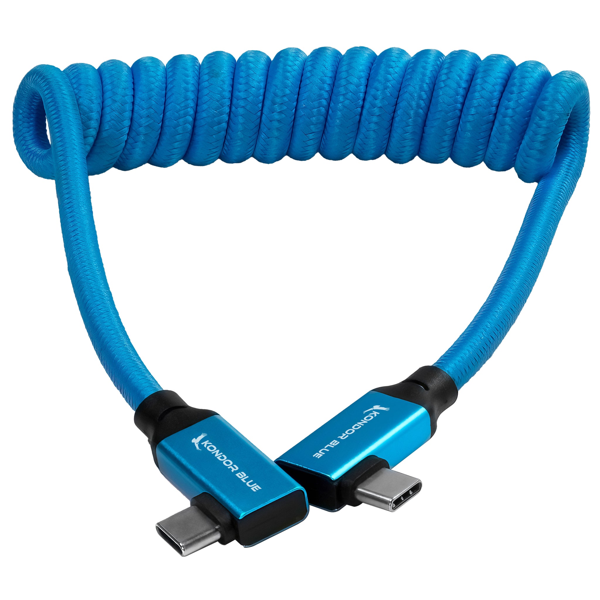 Kondor Blue USB C 3.1 Right Angle Braided Cable for 8K Data and Power Delivery (Kondor Blue)(Coiled)(12"-24")