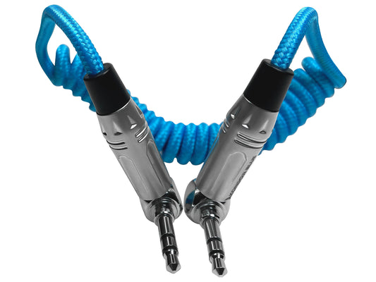 Kondor Blue Coiled 3.5mm Right Angle TRS Stereo Audio Cable (12-24")