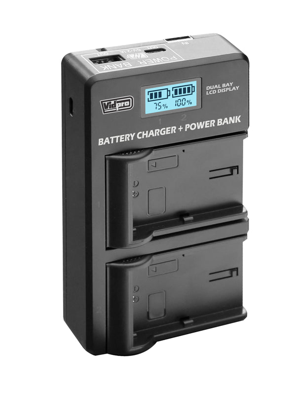 Carregador de tela LCD de compartimento duplo Vidpro VDL + banco de energia para baterias de câmera de 7,2 V e 7,4 V