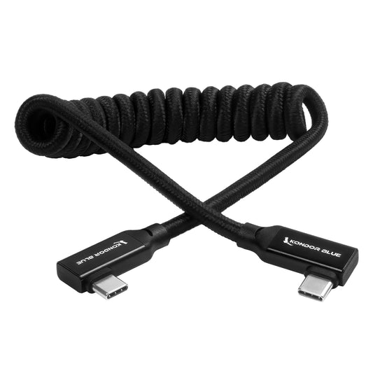 Kondor Blue USB C 3.1 Right Angle Braided Cable for 8K Data and Power Delivery (Raven Black)(Coiled)(12"-24")