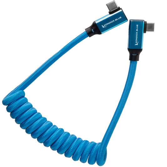 Kondor Blue USB C 3.1 Right Angle Braided Cable for 8K Data and Power Delivery (Kondor Blue)(Coiled)(12"-24")