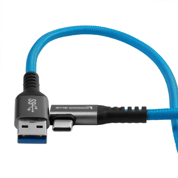 Kondor Blue USB A TO USB C Right Angle High Speed Data & Power Cable 3A 60W 5G (2 FEET) - AVC photo video store