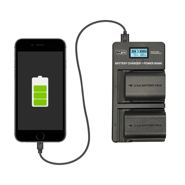 Vidpro VDL Dual-Bay LCD Display Charger + Power Bank F/7.2V & 7.4V Camera Batteries - AVC photo video store