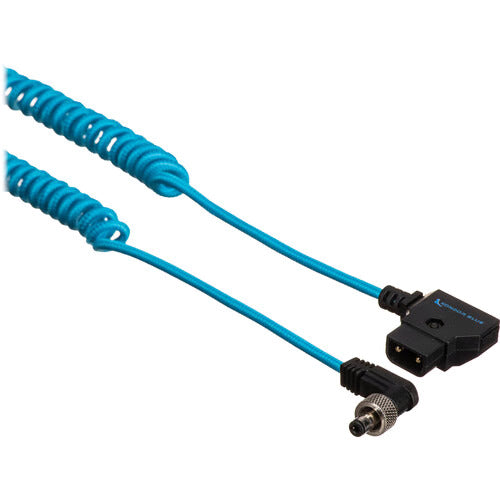 Cabo de ângulo reto DC de 2,1 mm com espiral azul Kondor em formato D-Tap para travamento (Atomos Ninja/Shogun)