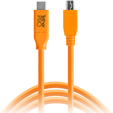 Tether Tools CUC2615-ORG Tetherpro USB Type-C Male To 8-Pin Mini USB 2.0 Tybe-B Male Cable (15' Orange)